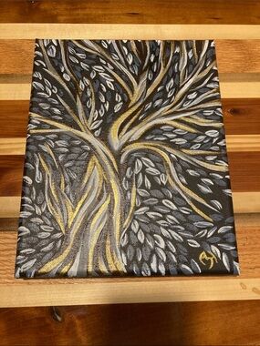 (Signed) Handpainted Gold and Silver Tree Canvas Wall Art